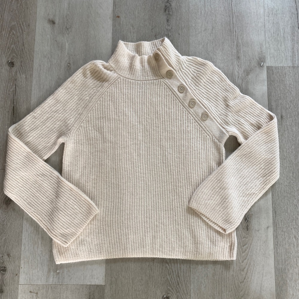 LOFT Womens Cream Ribbed Mock Neck Button Shoulder Sweater XS Ivory Knit